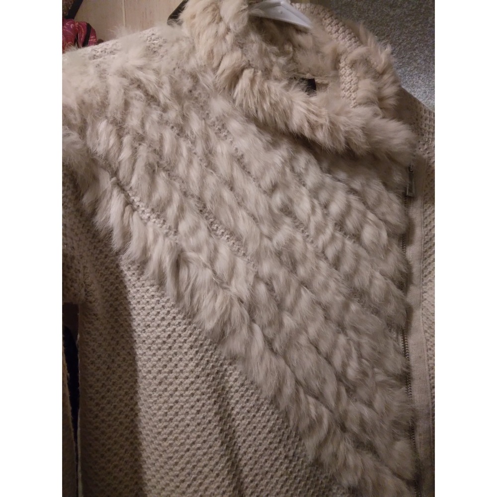 PINKO Knitted creme colored sweater w/ fur accent front side zipper knee length